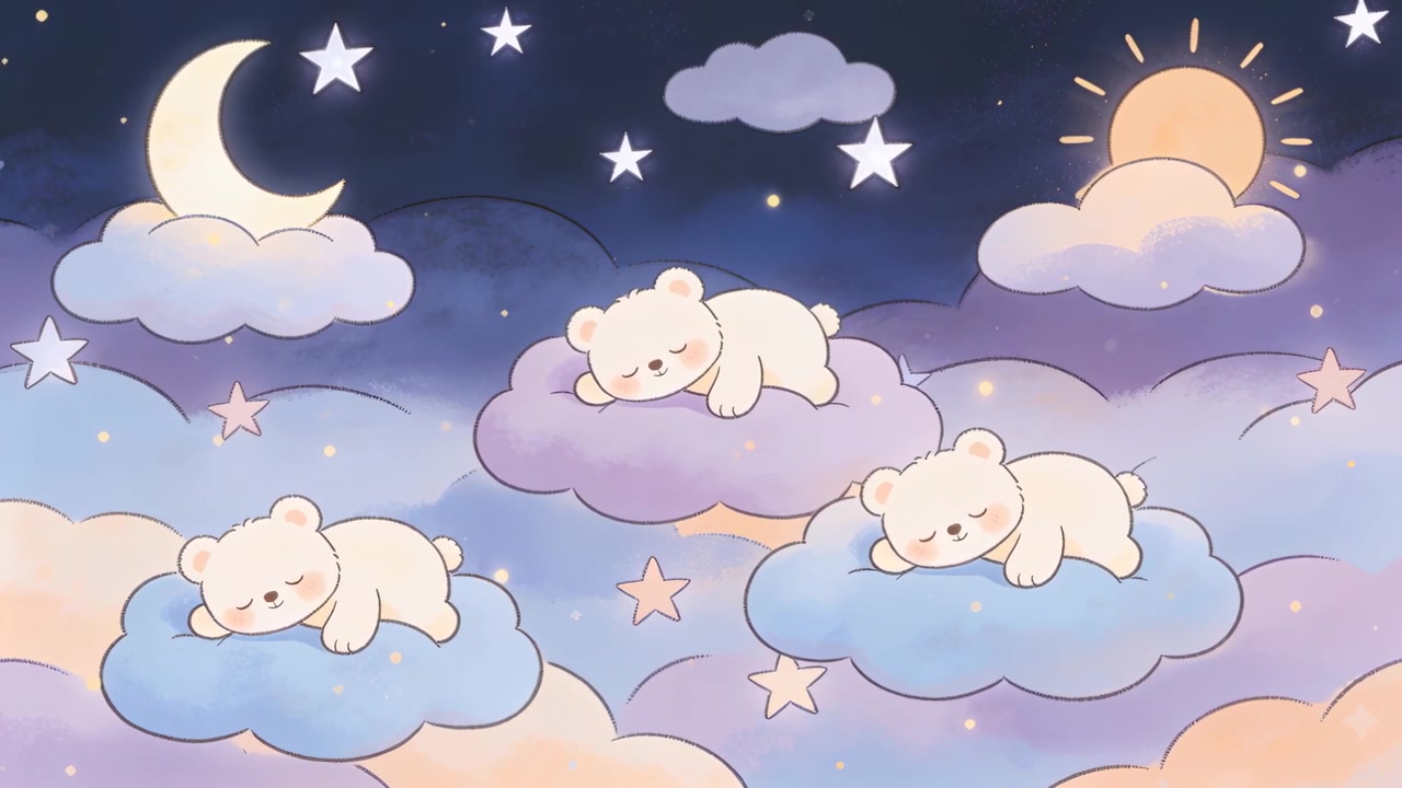 Morning light brightening, three cream cubs shifting on pastel clouds, moon and sun glowing