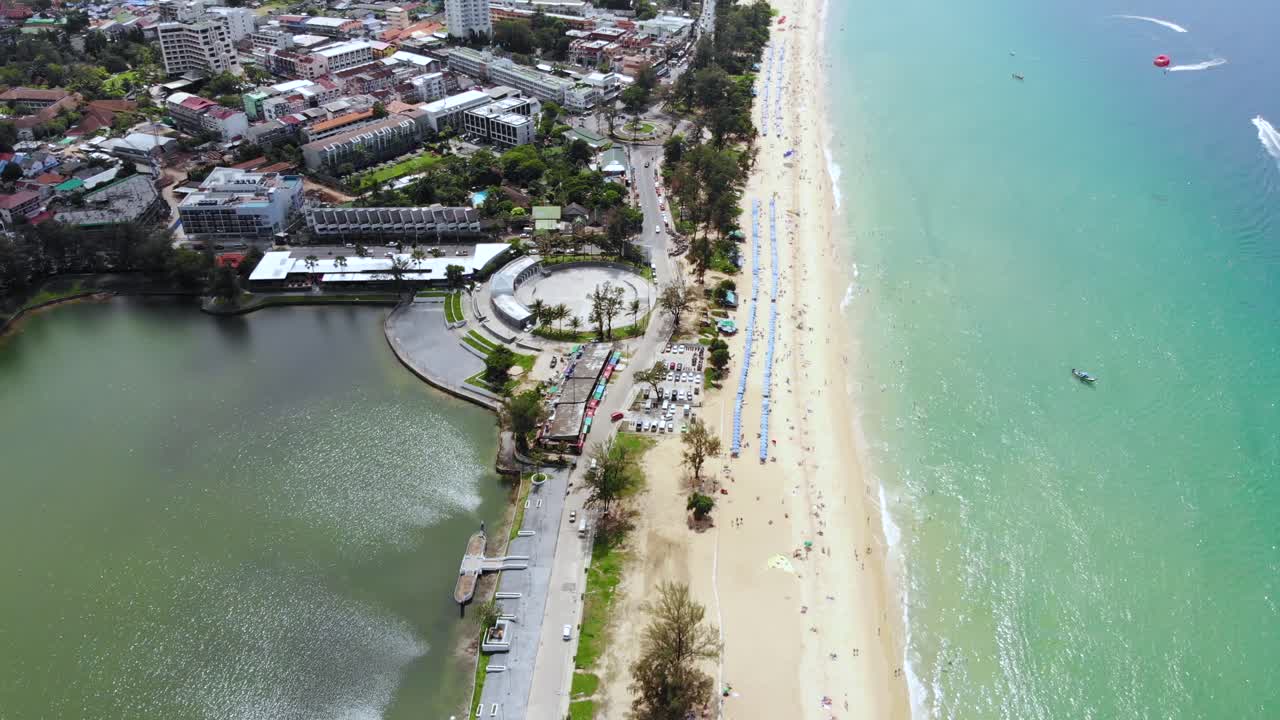 Phuket island established township on beachfront aerial