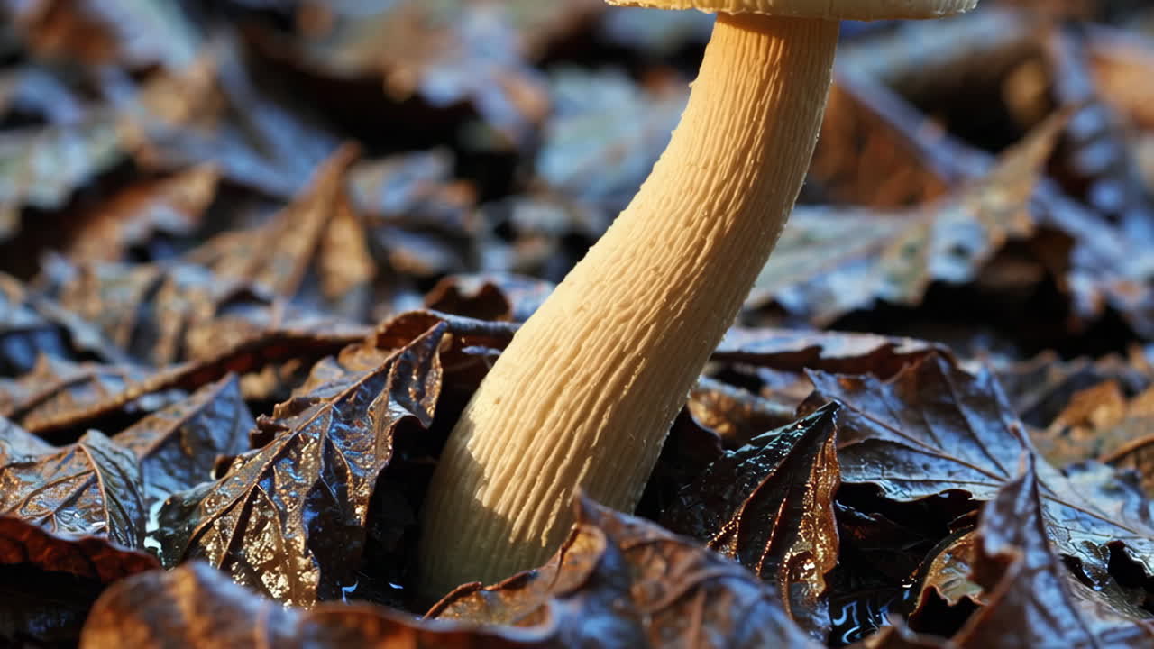 Mushroom growing among fallen autumn leaves