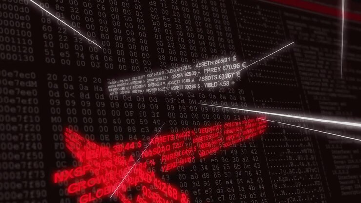 Camera zooming and rotating, driving white and red tickers approaching, highlighting finance matrix