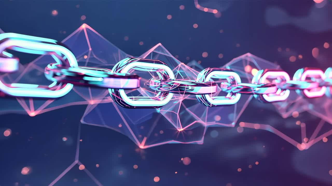 Starting neon-lit chain links drifting, rotating at blue void, forming wireframes and particles