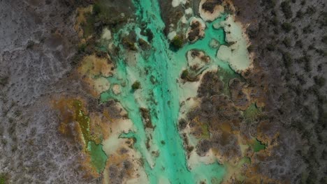 Tropical-Blue-Lagoon-In-Mexico,-Los-Rapidos-De-Bacalar,-Aerial-Top-Down