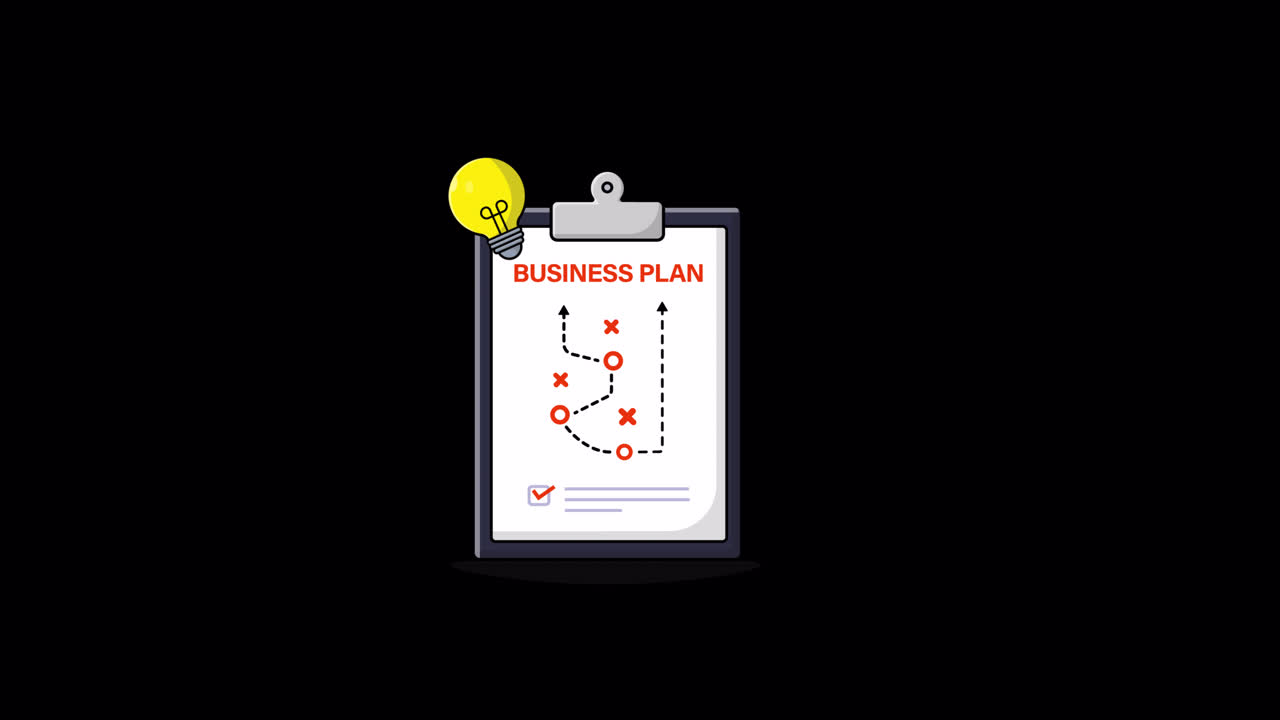 Business plan animato con strategia e lampadina dell'idea