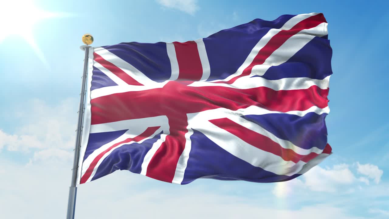 bandera del reino unido ondeando en el viento contra el cielo azul profundo. tema nacional, concepto internacional. render 3d bucle sin costuras 4k