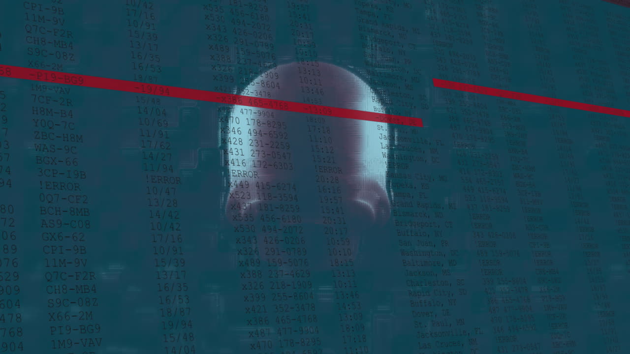 animación de la interfaz con datos digitales que se mueven rápidamente sobre el cráneo humano giratorio y las líneas rojas