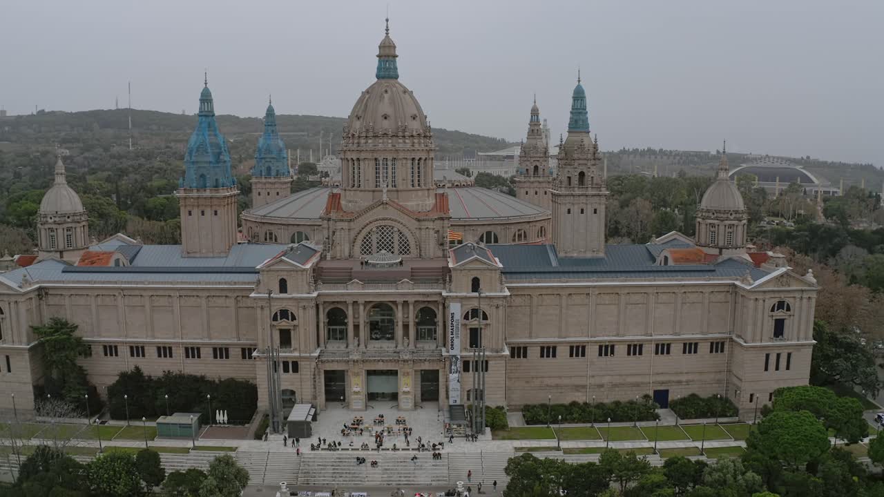 Aerial footage of Museu Nacional d'Art de Catalunya flying from right to left.
