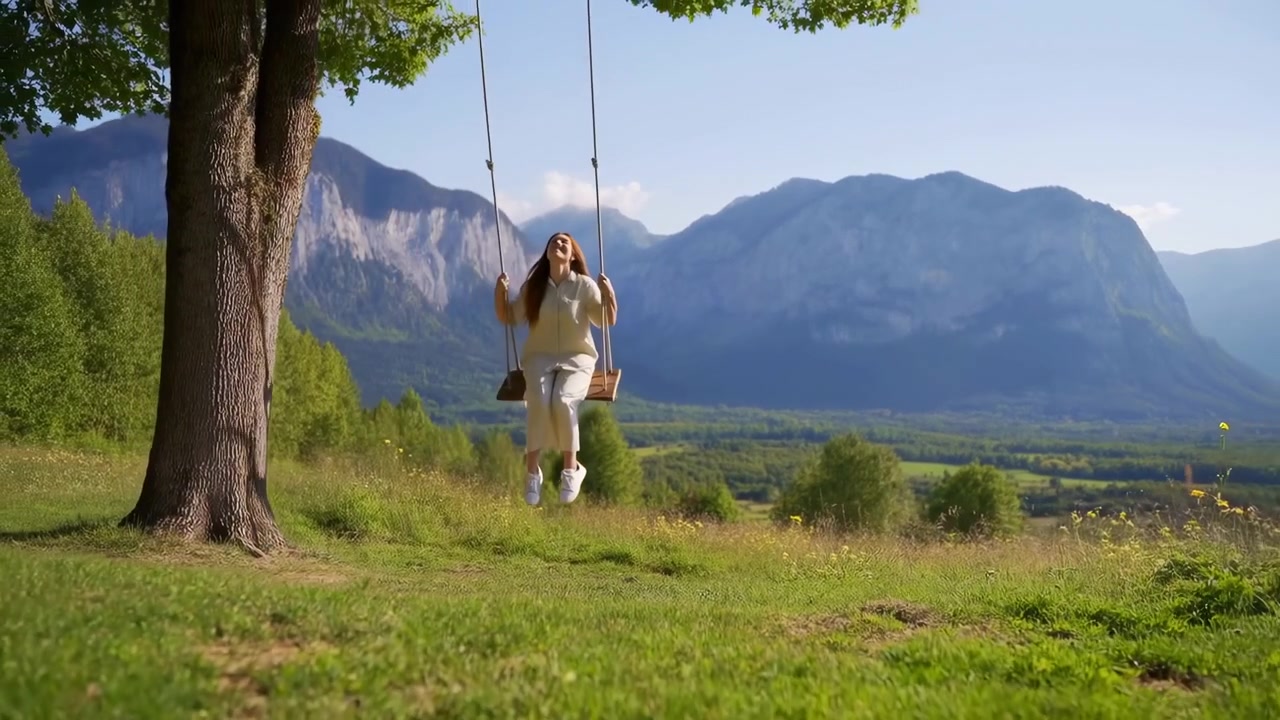 Vista a figura intera di una giovane donna seduta su un'altalena di legno stagionato appesa a un grande albero in un luminoso prato di montagna, il movimento visibile mostra un leggero dondolio in avanti con le gambe distese, una presa salda sulla corda, morbido