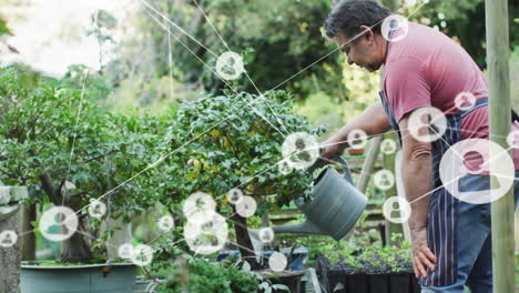 Watering plants in garden, person surrounded by network connections animation