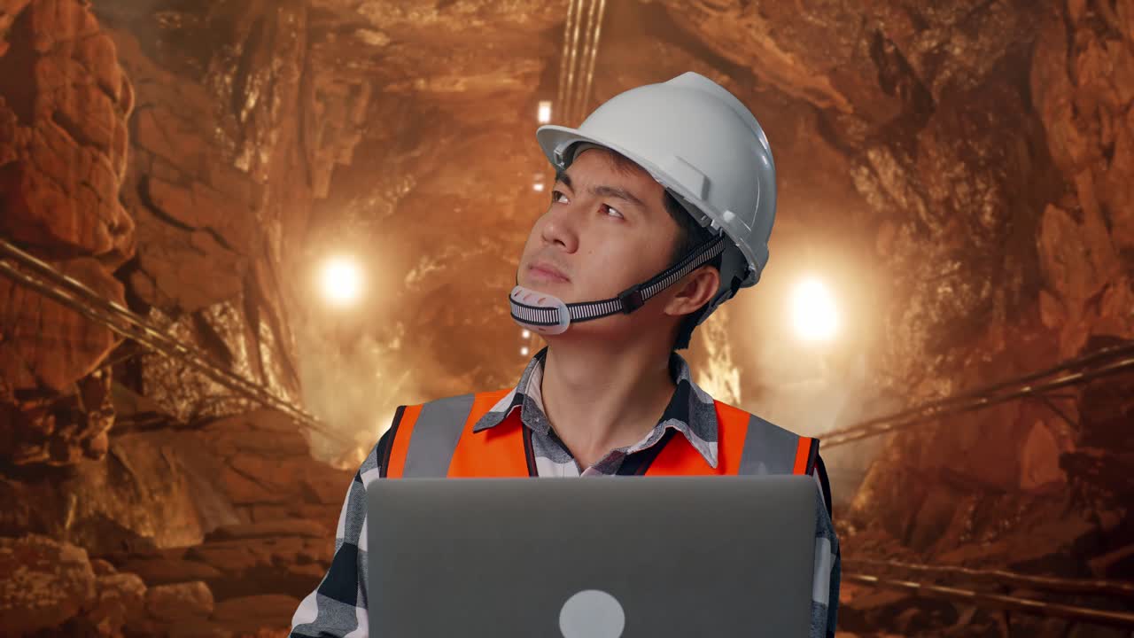 Close Up Of Asian Male Engineer With Safety Helmet Working On A Laptop And Looking Around While Standing In Underground Mine Tunnel