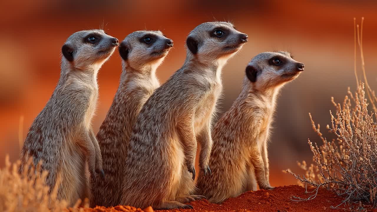 A Group of Alert Meerkats Standing Together in the Desert, Displaying Their Unique Behavior and Social Structure While Observing Their Surroundings in Majestic Light