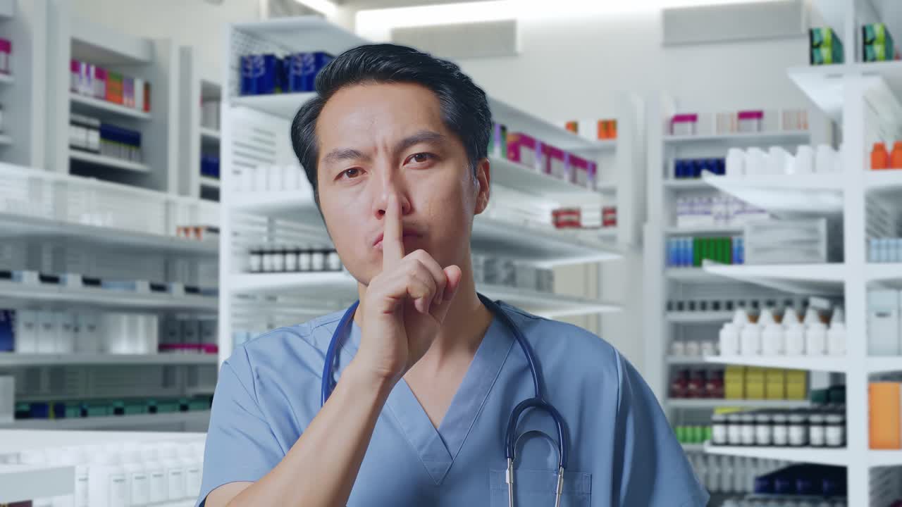 의사는 약국에서 침을 제스처합니다.