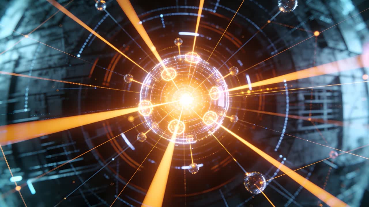 Zooming shot showing glowing core charging, intensifying in reactor, with radial beams and nodes