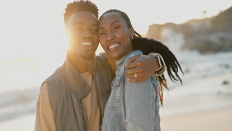 black couple, ocean and hug with sunset