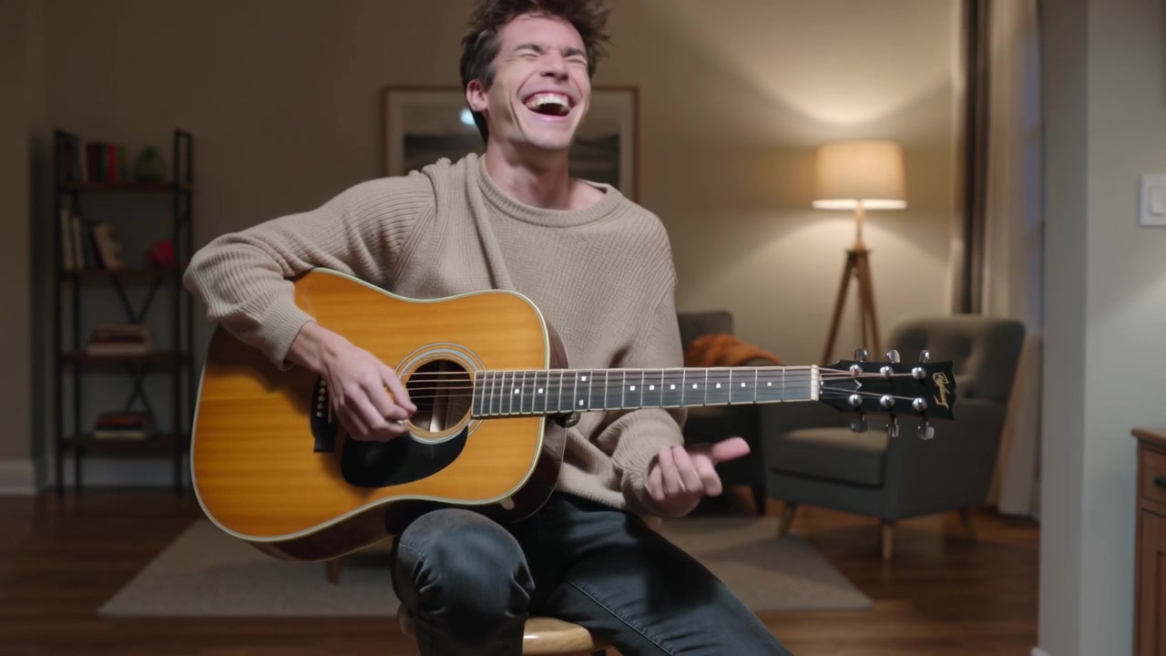 Inquadrando un uomo che strimpella una chitarra acustica in salotto, regolando gli accordi e sorridendo con gioia.