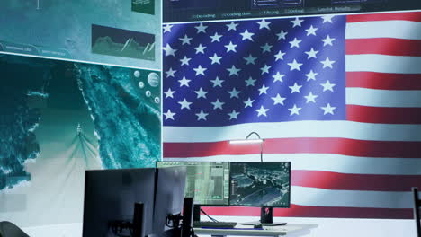 una stanza di monitoraggio vuota con una bandiera americana che protegge informazioni classificate.