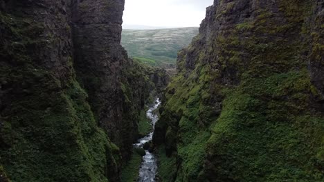 moss covered glymur canyon in iceland wilderness with river and birds flying, aerial view