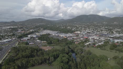 Kershaw-Gardens,-Botanical-Garden-With-Free-Campground-And-Moores-Creek-From-Above---Park-Avenue,-QLD,-Australia