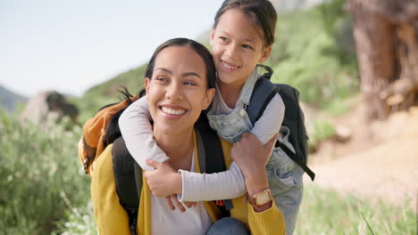 Hiking,-backpack-and-mother-hug-girl-child-hug