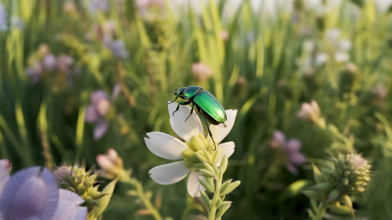 Detailed macro view shows metallic green beetle perched on white wildflower amid sunlit meadow, with soft bokeh, shimmering shell, delicate petals, natural textures, and calm spring atmosphere