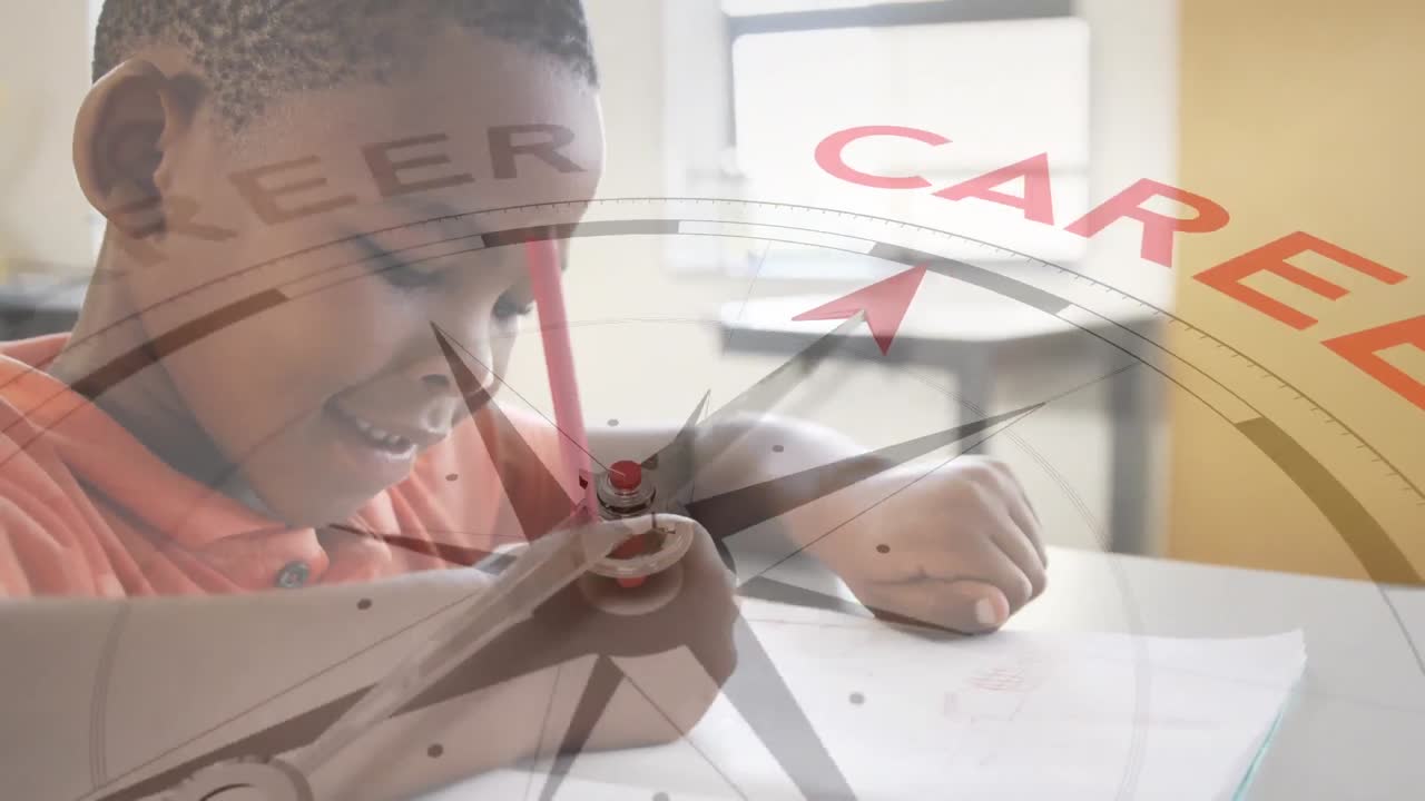 Animation of compass with text over african american boy writing in notebook