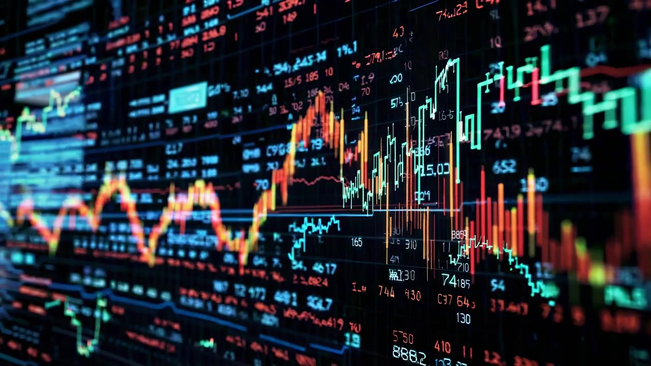 Visualizzazione dinamica dei dati del mercato azionario con grafici e numeri fluttuanti