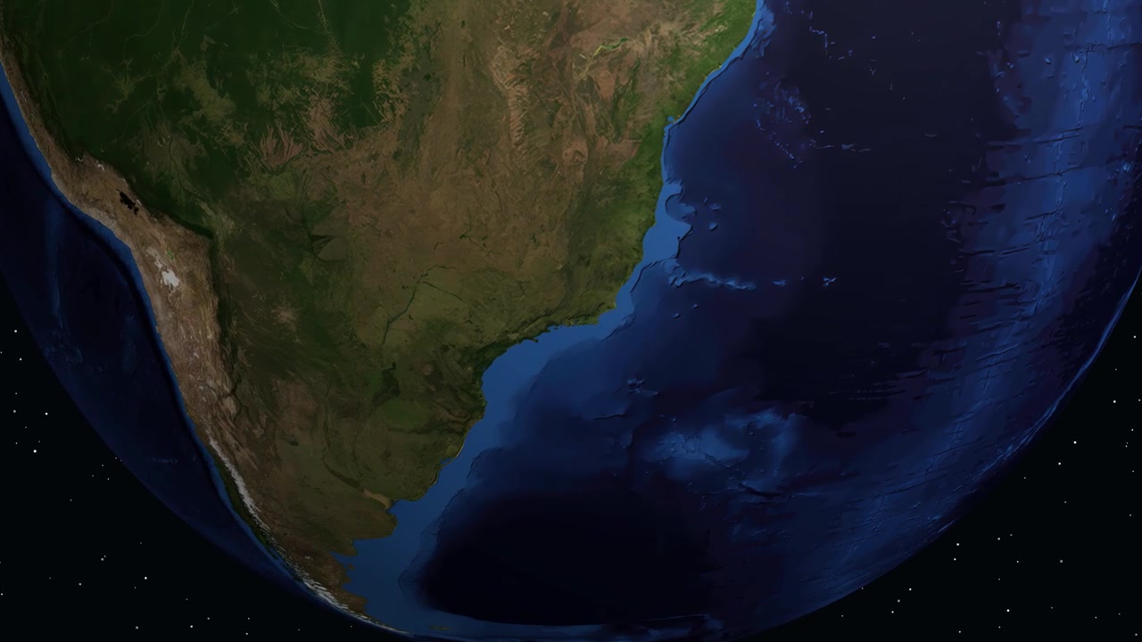Animação digital aproxima-se do espaço na América do Sul, destacando Nova Iguaçu, Brasil, com estatísticas populacionais