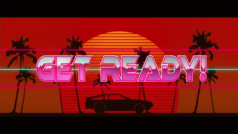 Animation-of-get-ready-text-over-car-riding-on-sunset