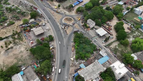 aerial view of a busy urban road intersection and roundabout
