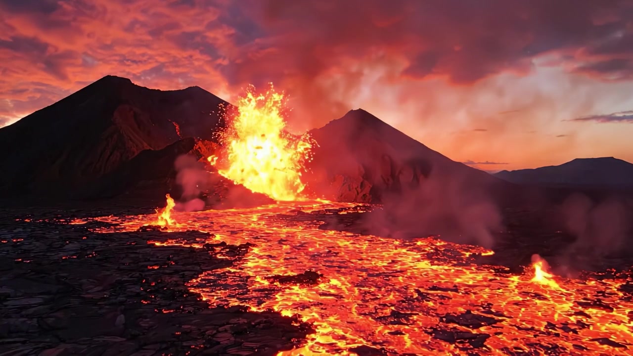 Un'Eruzione Vulcanica Mozzafiato Che Mostra un Flusso di Lava Fusa Che Illumina il Cielo con Colori Infuocati al Crepuscolo, Messa in Risalto da Maestose Montagne sullo Sfondo
