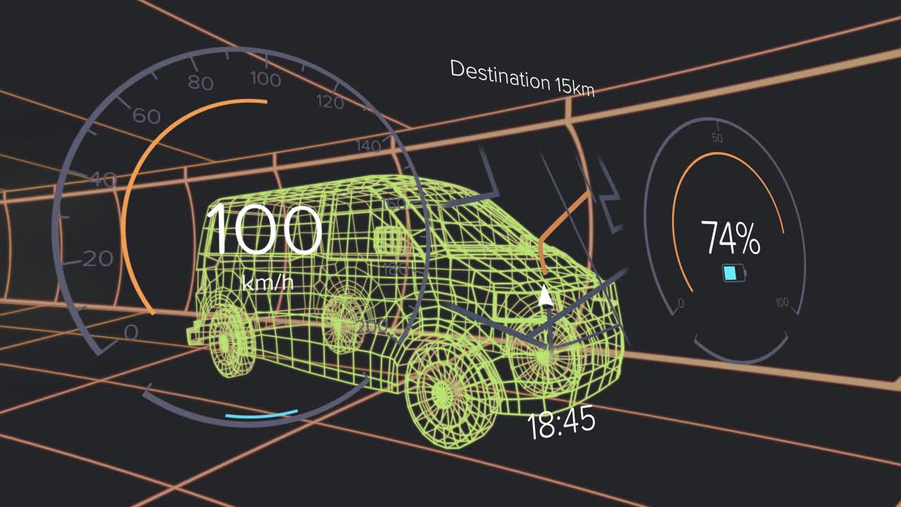 Readout showing 9 km or h starting wireframe van accelerating, slowing, visualizing destination 15 k