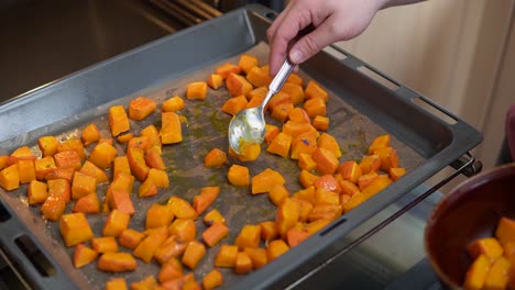 Person-Placing-The-Roasted-Cube-Pumpkin-Into-A-Brown-Porcelain-Bowl