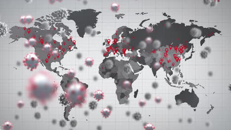 animación de células macro covid-19 flotando en un fondo gris con un mapa del mundo