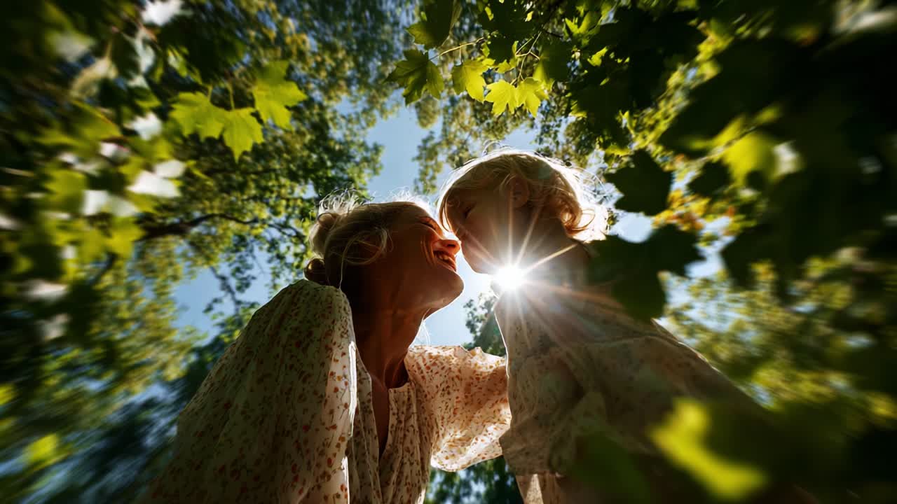A Joyful Moment Captured: A Mother and Child Share a Heartwarming Interaction Beneath the Sunlit Canopy of Lush Greenery, Creating Lasting Memories Together