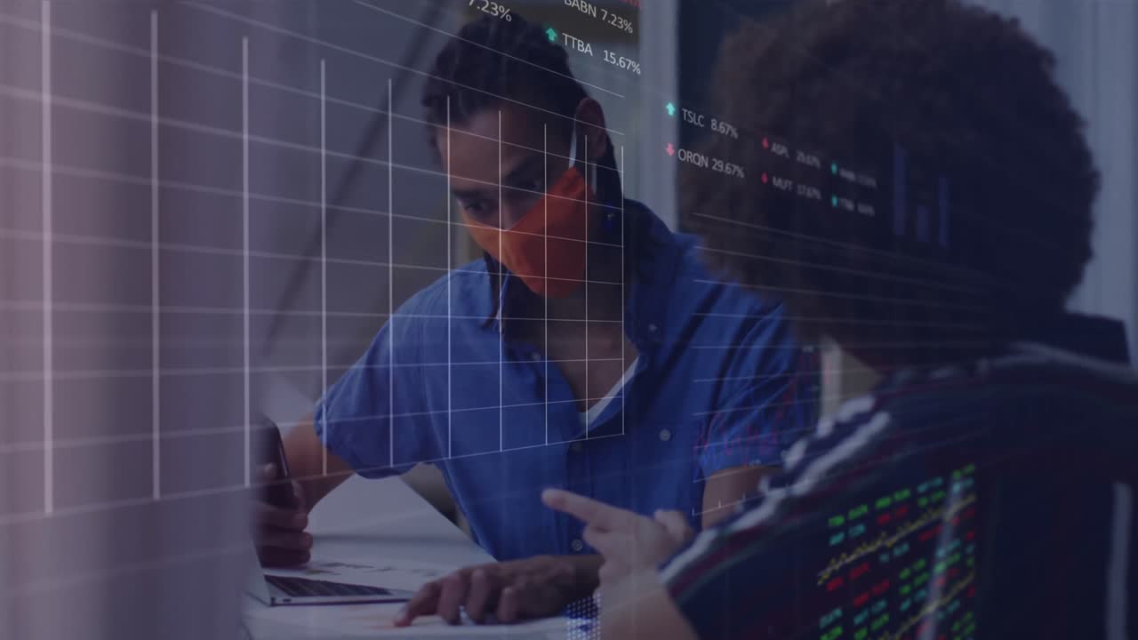Stock market data processing over diverse male and female office colleagues discussing at office