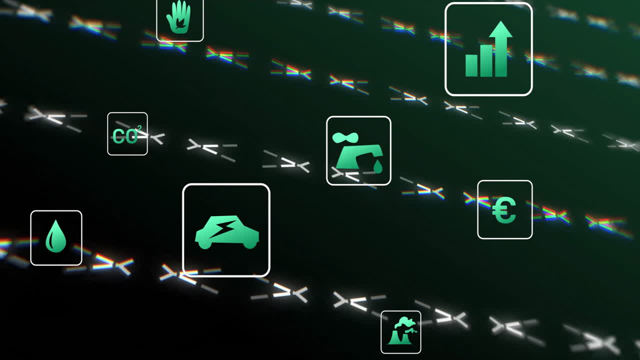 Electric vehicle icon being animated in flat design stream showing CO?, euro, water drop icons