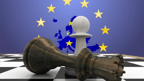 Animation-of-close-up-of-queen-with-pawn-on-chess-board-over-map-and-european-union-flag