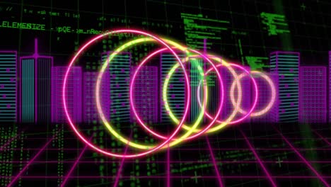 Animation-of-neon-circle-over-metaverse-city-and-data-processing-on-black-background