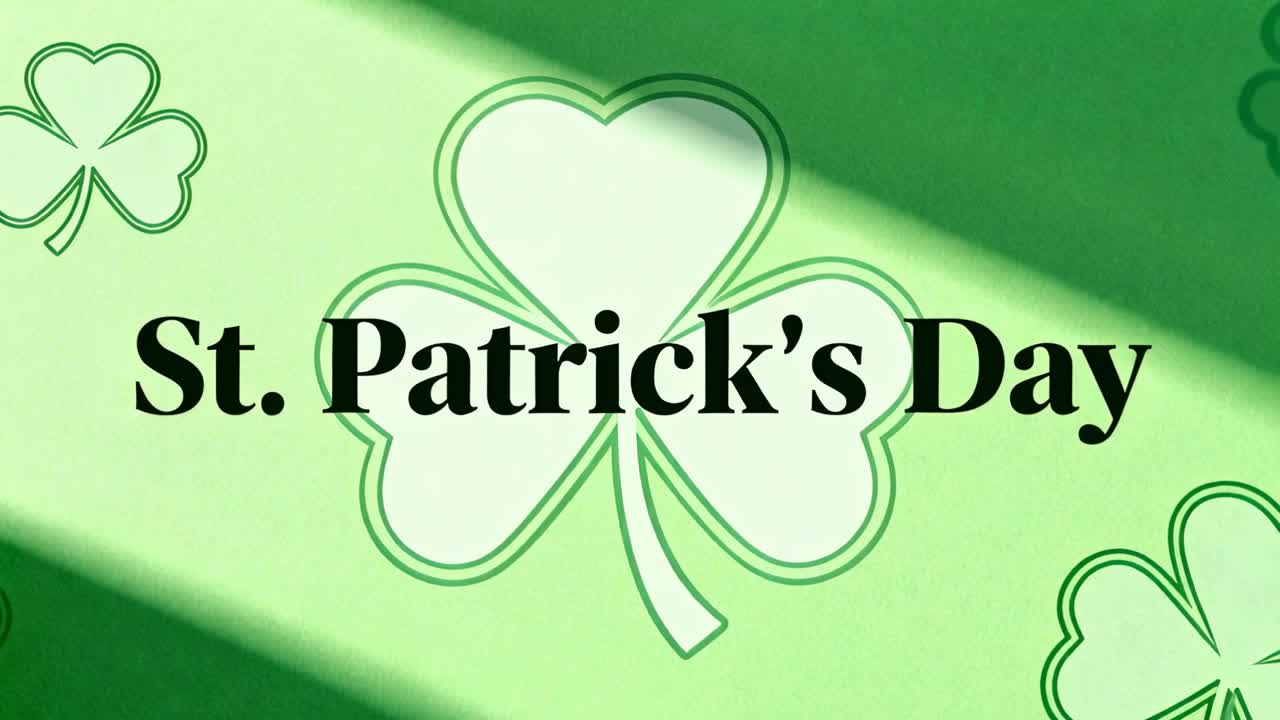 Starting showing St Patricks Day title, shamrock zooming on green titlecard diagonal band shifting