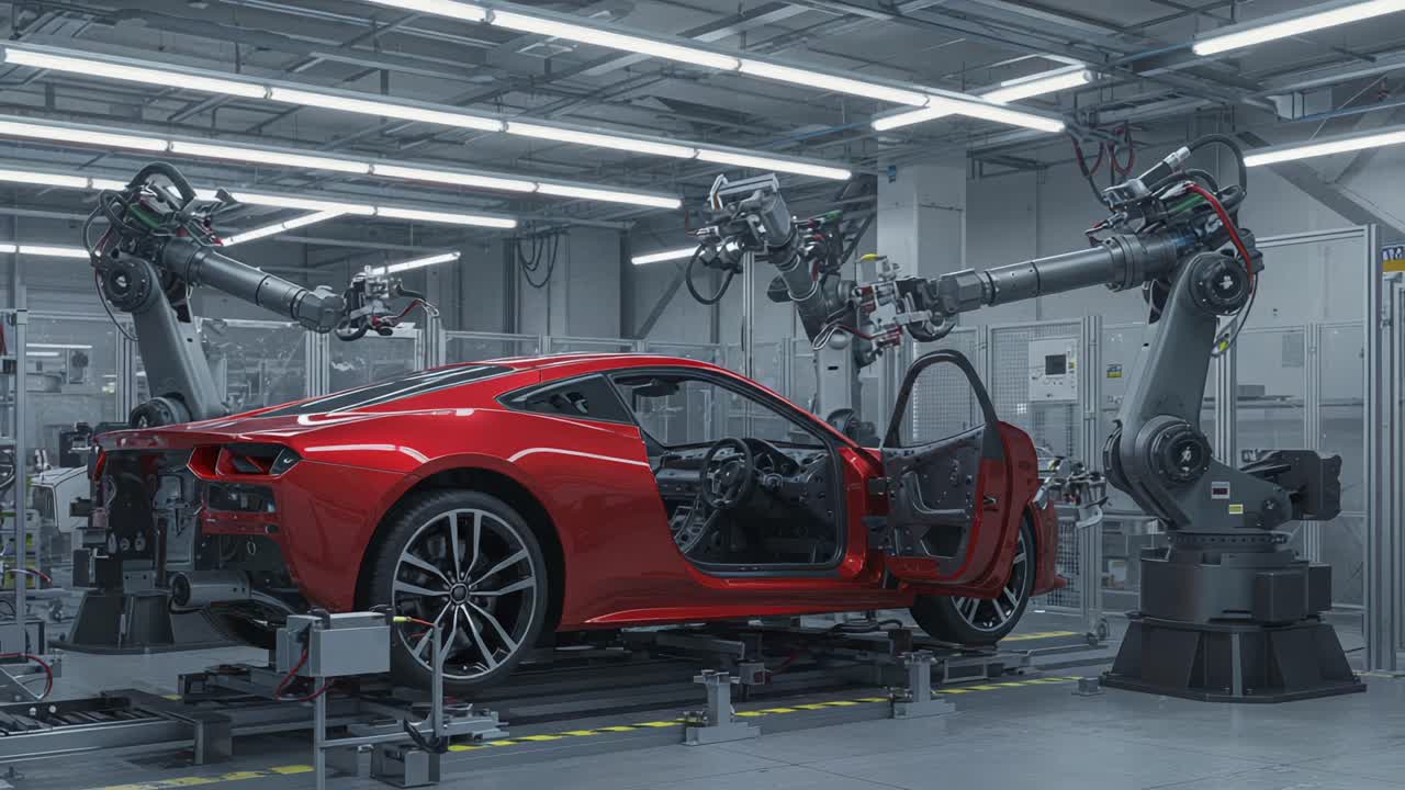 High-Tech Car Manufacturing Process in a Modern Factory Featuring Advanced Robotic Arms Completing Assembly of a Sleek Red Vehicle