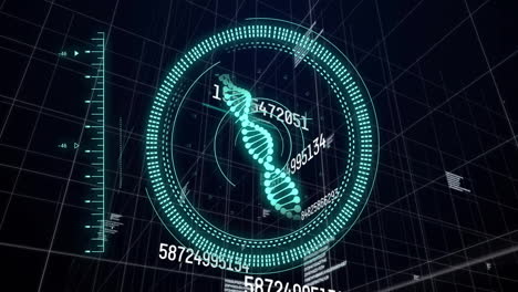 animación de escaneo de alcance con cadena de adn sobre diagramas y procesamiento de datos