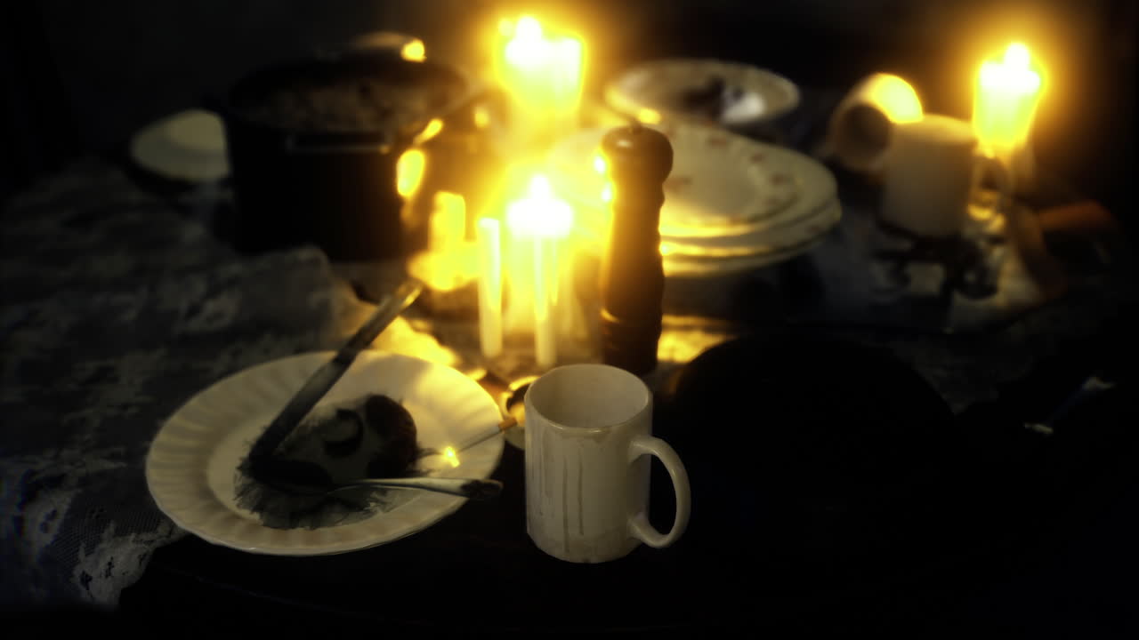 Candlelit dinner setting with mysterious ambiance and era charm