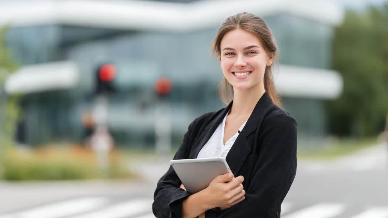 Confident Young Woman in Business Attire Holding a Tablet, Smiling at the Camera Against a Modern Urban Background