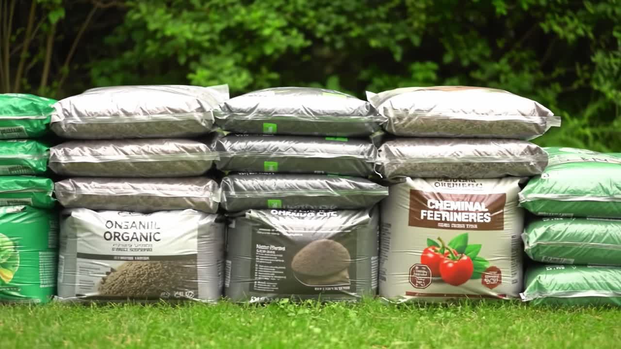 A Comprehensive Display of Gardening Supplies, Featuring a Variety of Soil and Fertilizer Bags Arranged Neatly in a Lush Green Setting