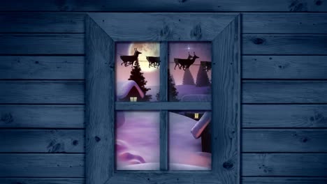 animation of santa claus in sleigh with reindeer in christmas winter scenery seen through window