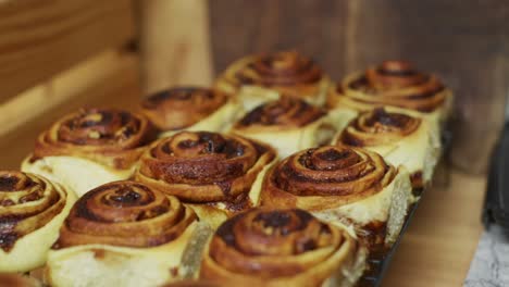 freshly baked cinnamon rolls cooling on kitchen top, filmed as close up style with handheld slider style movement in slow motion