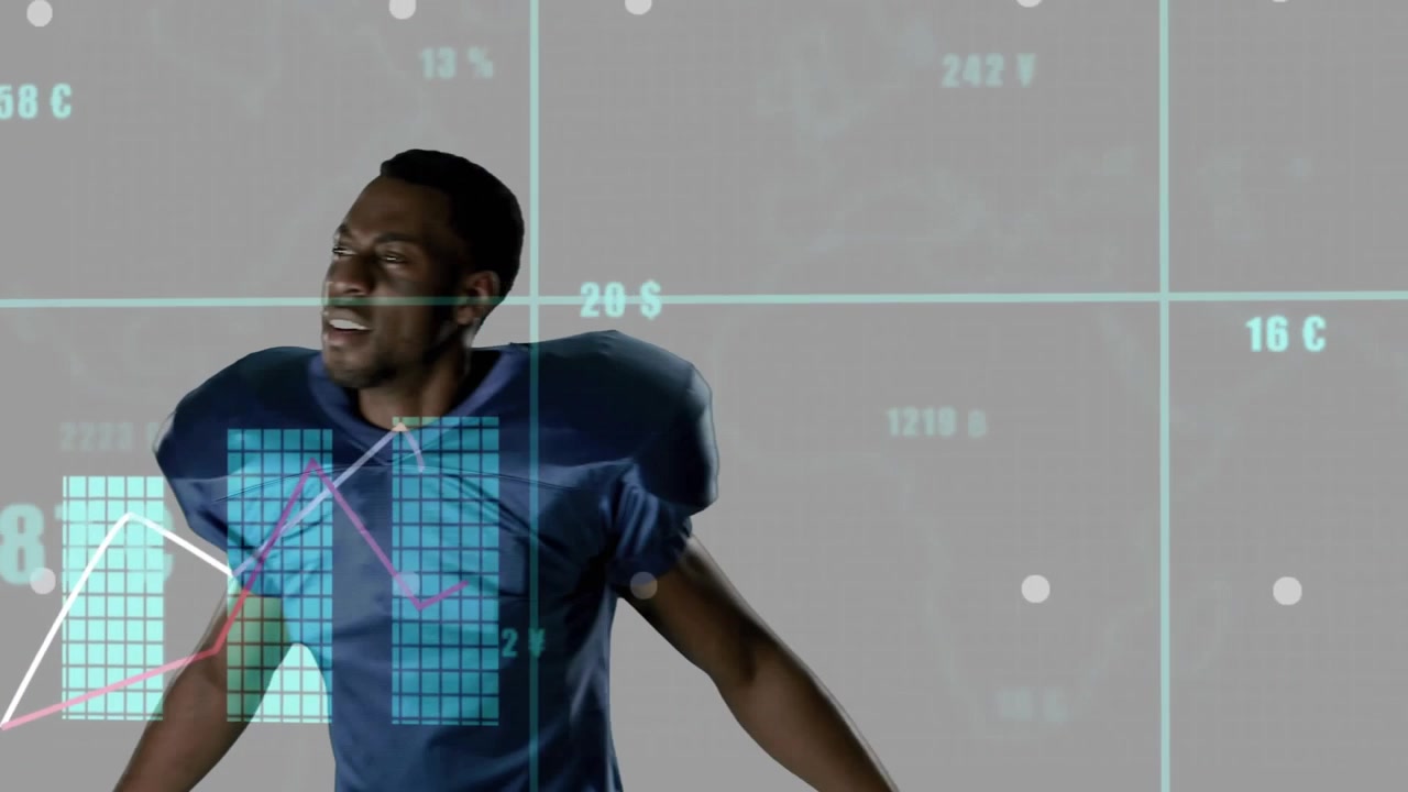 Football player removing helmet and initiating sports analytics pointing across charts on cyan grid