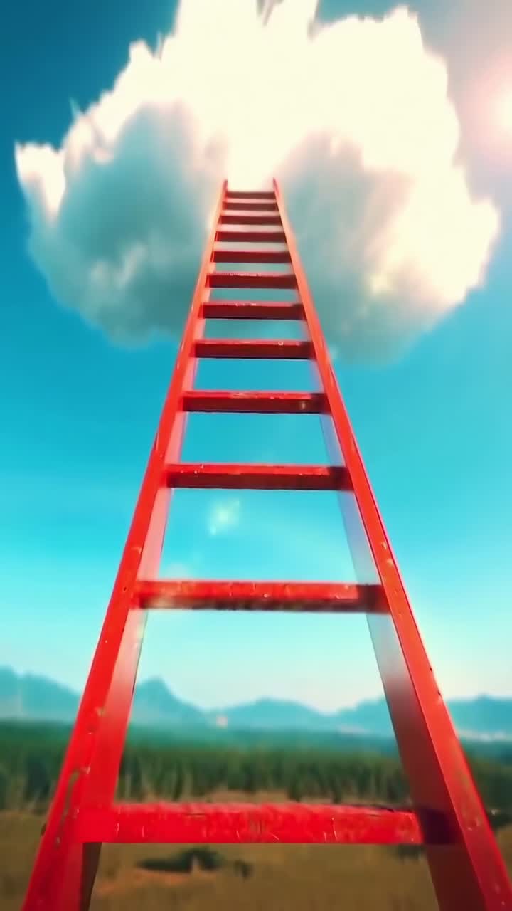 Surreal video concept of a red ladder reaching a cloud, shot from a low angle in a field