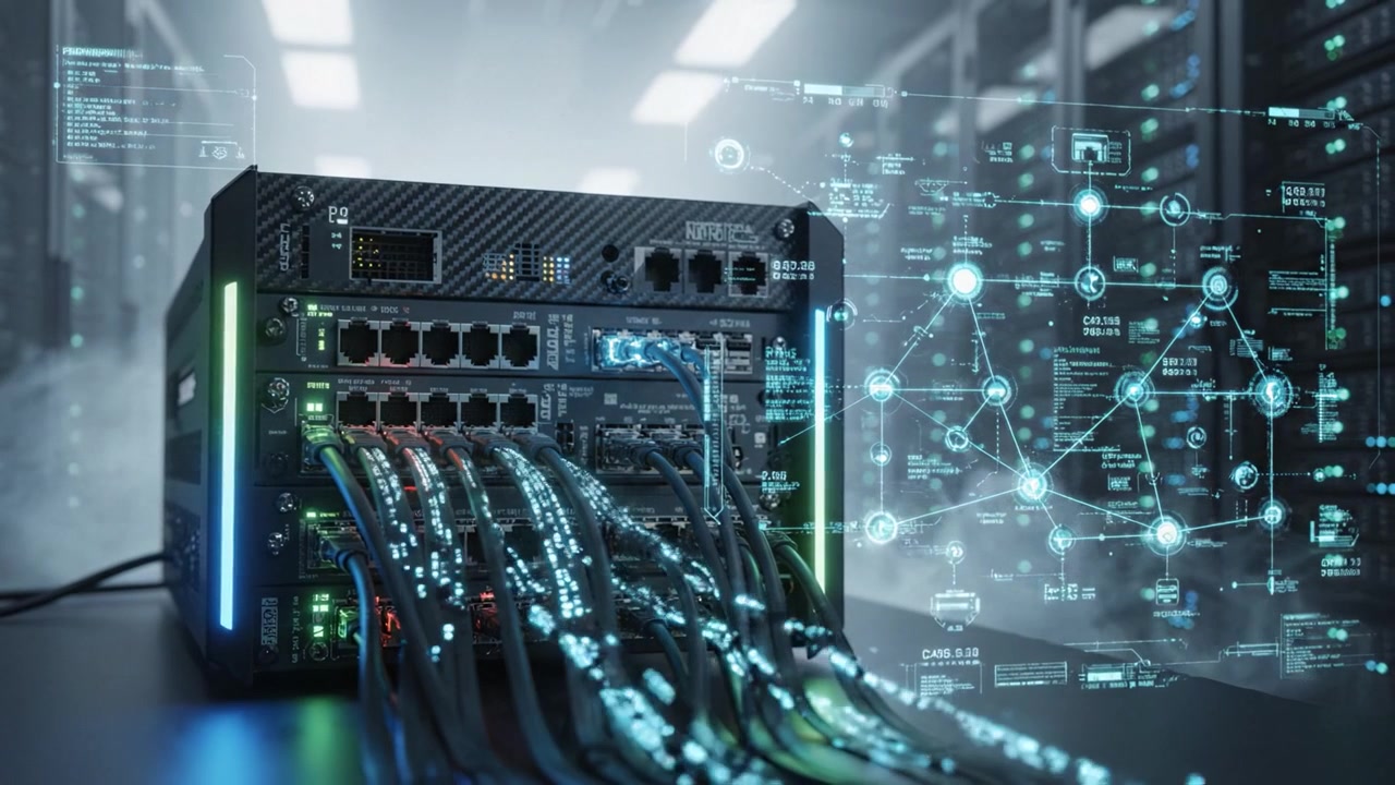 High-Tech Server Unit with Network Connections and Data Visualization in a Modern Data Center Environment Shining with Advanced Technology Features