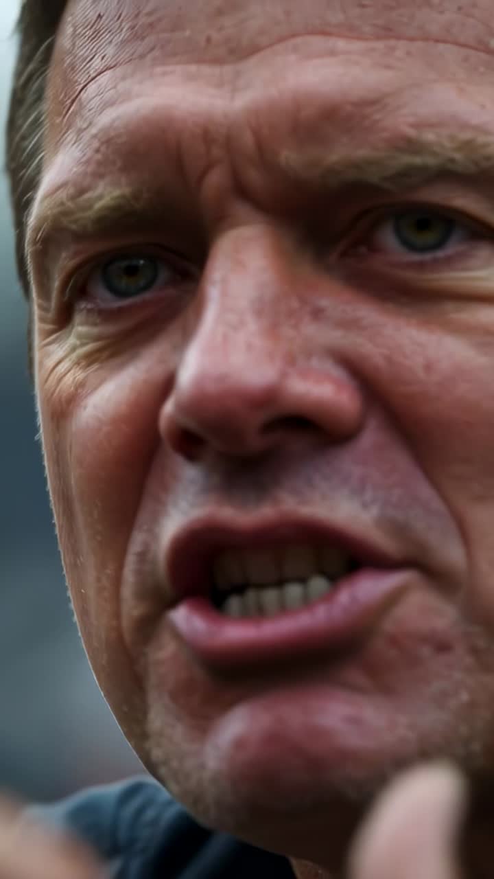 Vertical video: Shouting man reacting to offscreen cue at stadium hand gesturing near dark collar