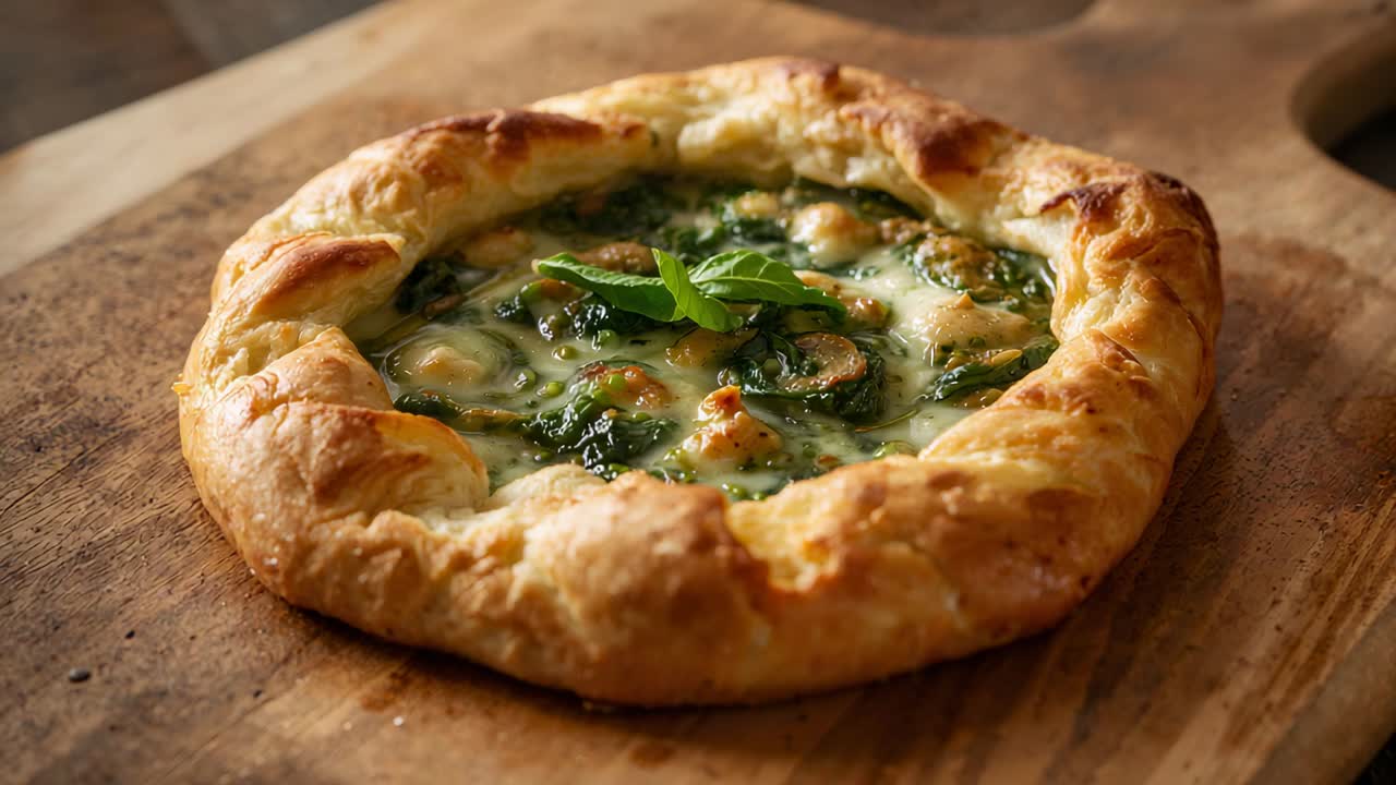 Pulling camera closer, filming galette on board, highlighting spinach and cheese filling and basil